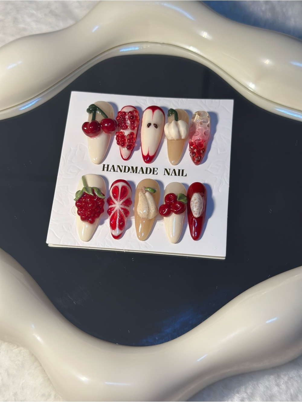 Handmade Red & Cream Fruit-Themed Press-On Nails
